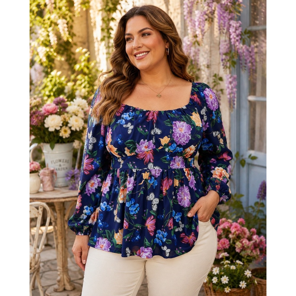 509. Boho Cottagecore Torrid Blue Floral Butterfly Babydoll Top Smocked Back